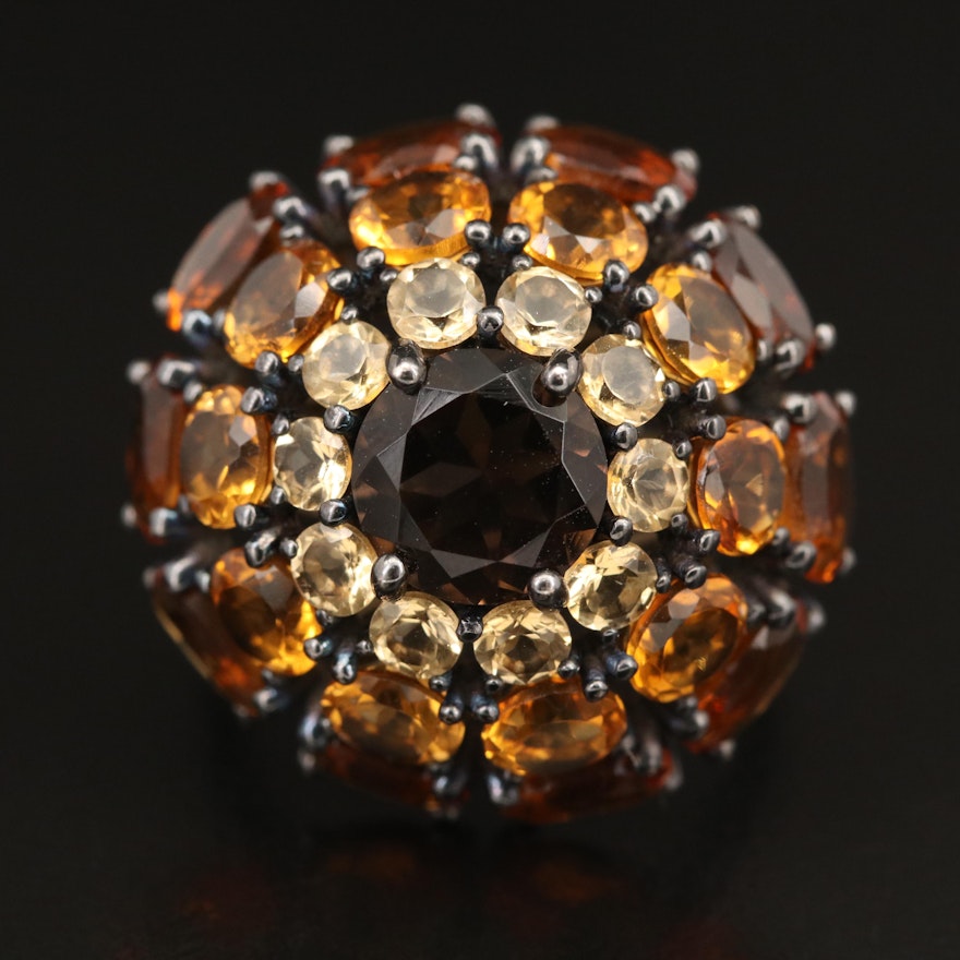 Sterling Smoky Quartz and Citrine Domed Cluster Ring