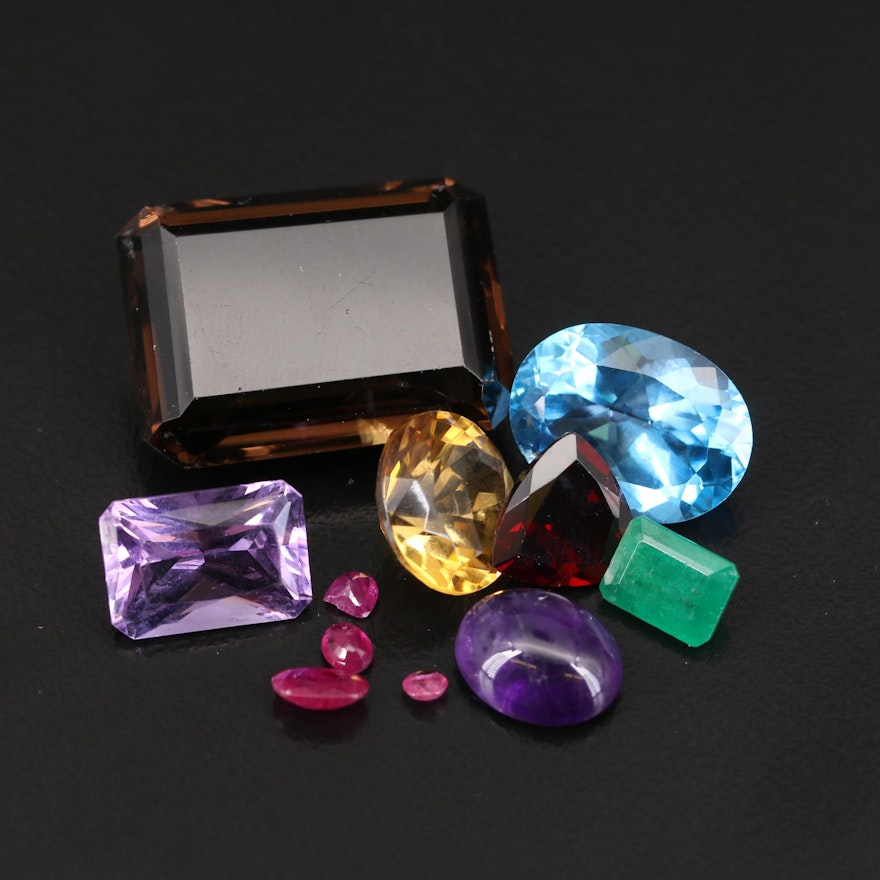 Loose 72.20 CTW Mixed Shape Smoky Quartz, Amethyst, Citrine, Ruby and Emeralds