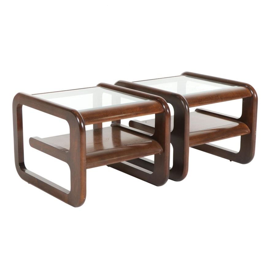 Pair of Modernist Walnut-Stained Glass Top End Tables, 1970s
