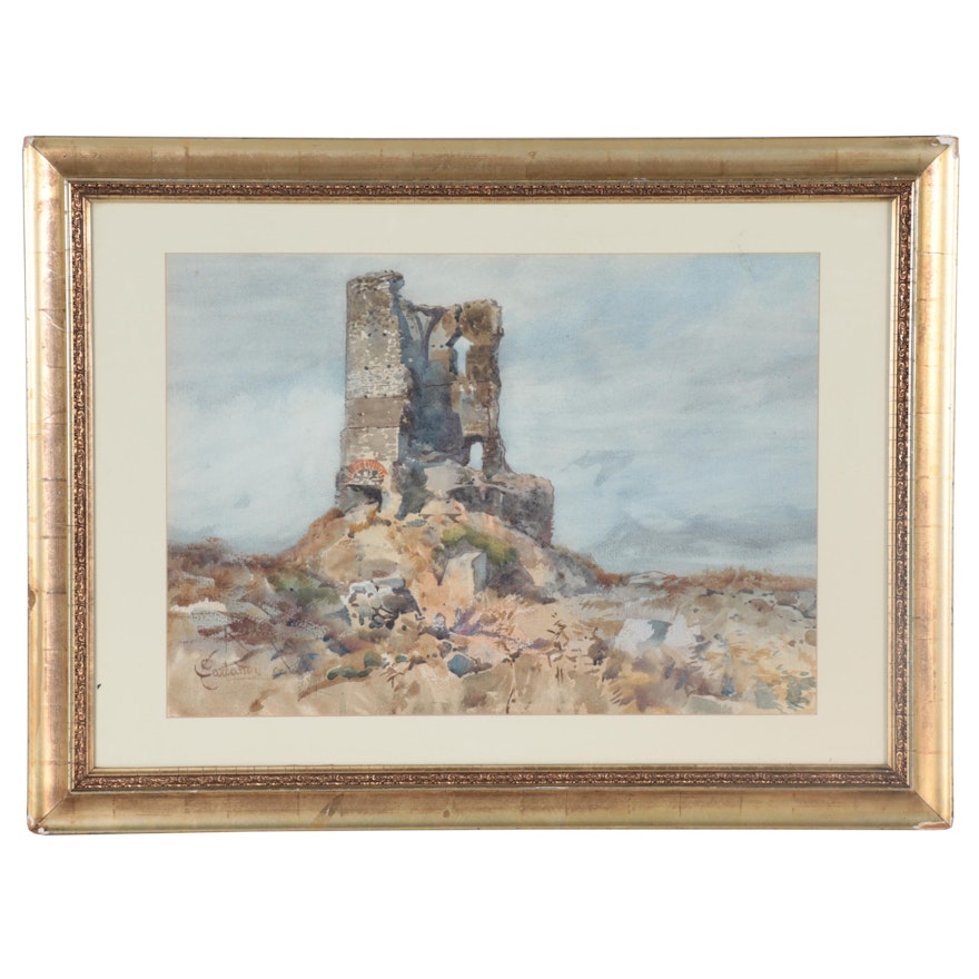 Onorato Carlandi Landscape Watercolor Painting of Castle Ruins