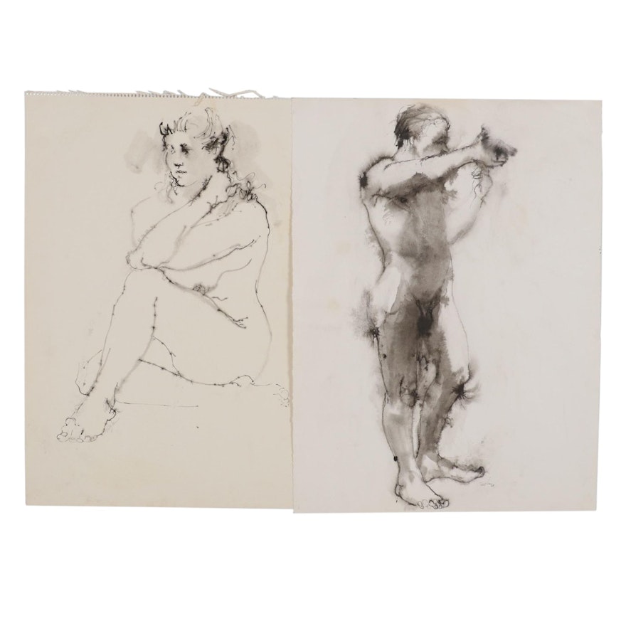 John Tuska Figural Ink Wash Drawings, Mid to Late 20th Century