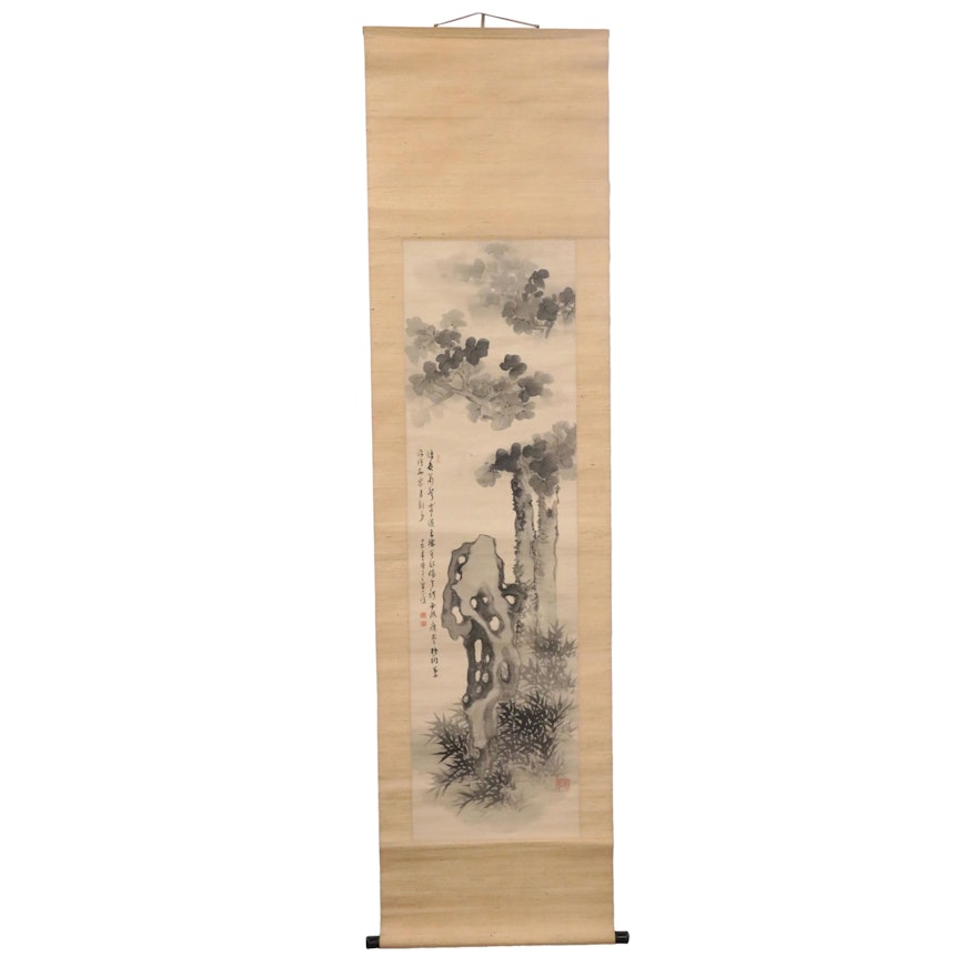 Chinese Watercolor Scroll of Trees and Insects, Qing Dynasty