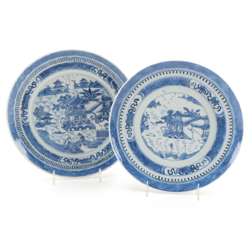 Chinese Export Canton Blue and White Porcelain Plates, Early to Mid 19th Century