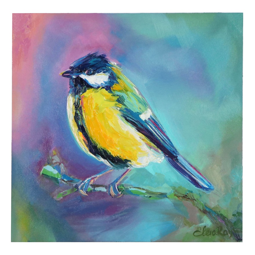 Elena Ray Oil Painting of Yellow Breasted Blue Tit, 2021