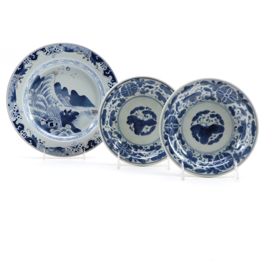Chinese Blue and White Landscape and Floral Porcelain Plates