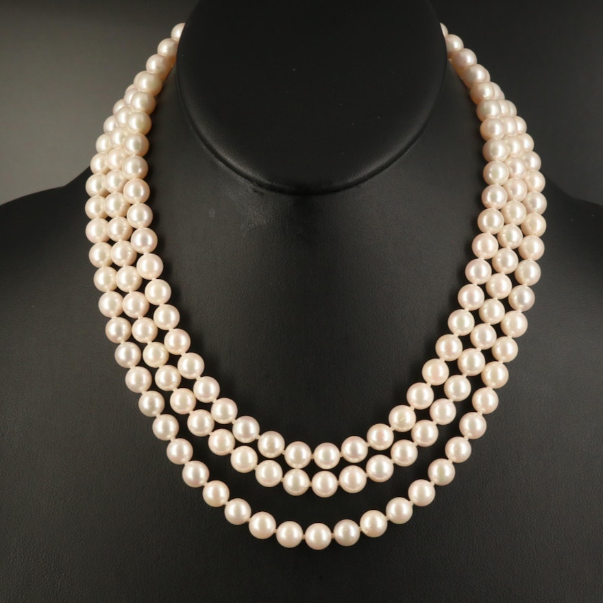 Pearl Triple Strand Necklace with 14K Clasp