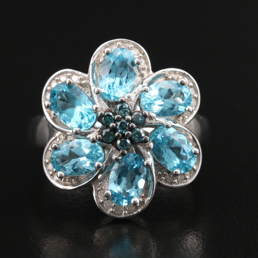 Sterling Apatite and Diamond Flower Ring