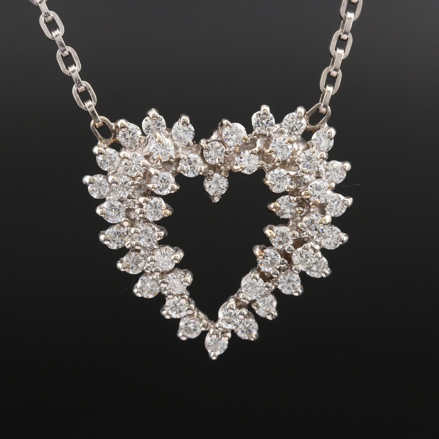 14K 1.50 CTW Diamond Stationary Cluster Heart Pendant with 10K Chain Necklace