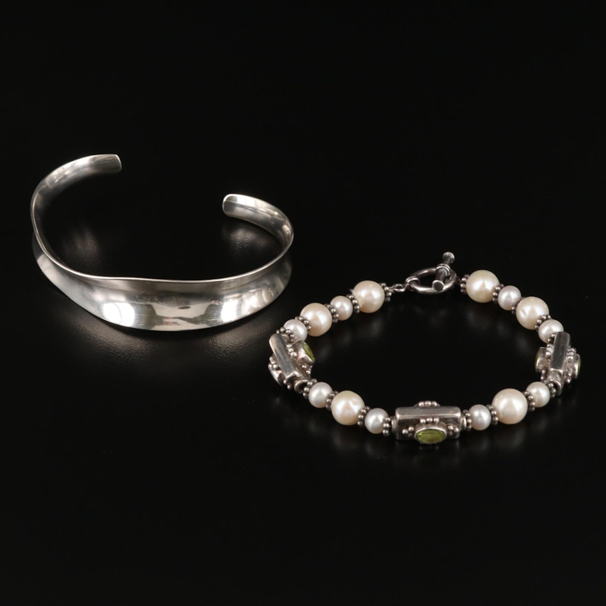 Sterling Pearl and Peridot Bracelet with Mexican Sterling Concave Cuff