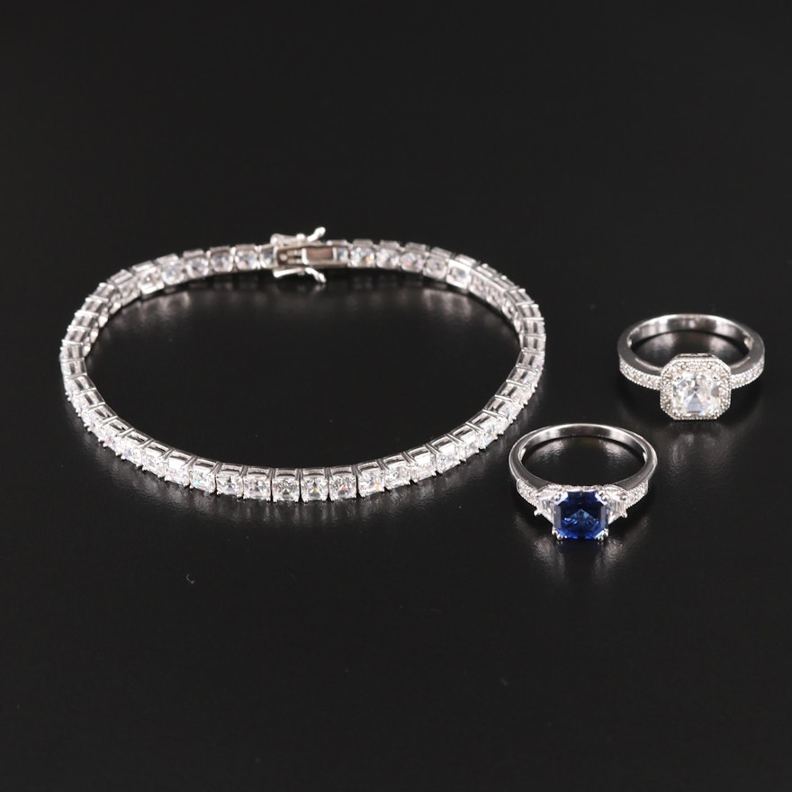 Sterling Cubic Zirconia Bracelet and Rings Including Sapphire