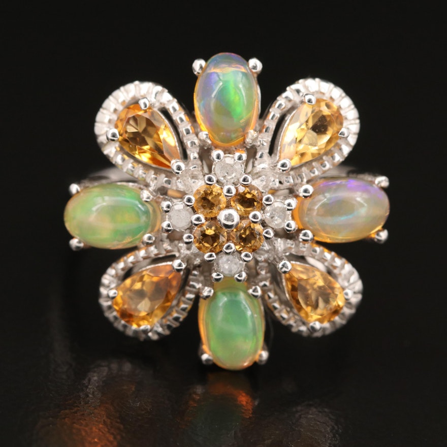 Sterling Opal, Citrine and Diamond Ring with Floral Design