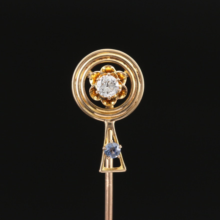 Vintage 10K Diamond and Sapphire Stick Pin