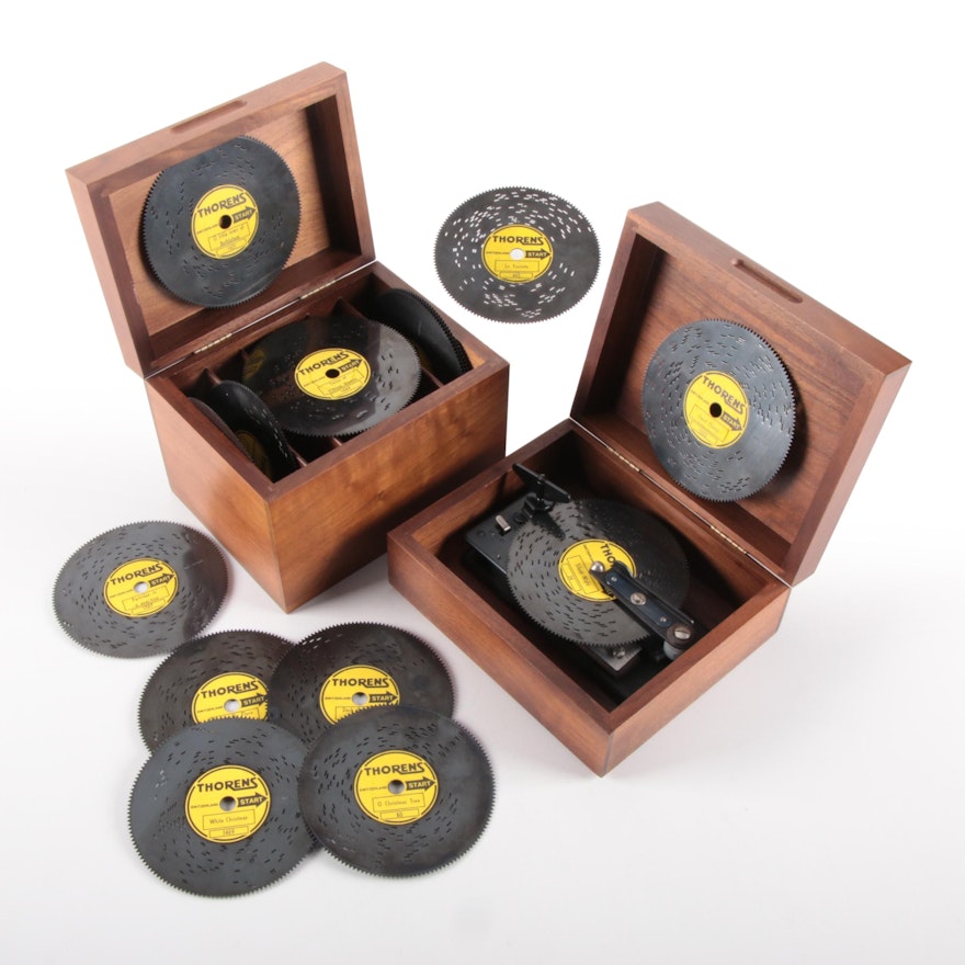 Thorens Swiss Walnut Wood Music Box and Discs, Mid-20th Century
