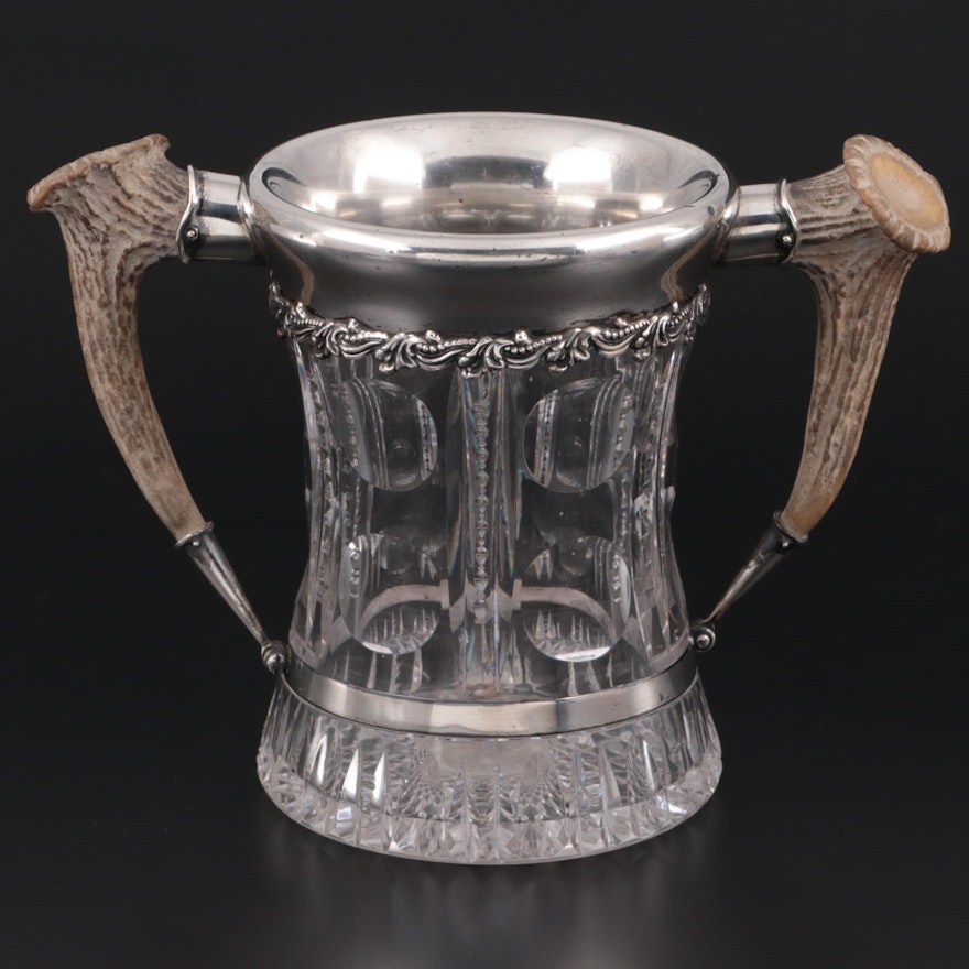 Redlich & Co. Silver and Antler-Mounted Cut Glass Loving Cup, Early 20th Century