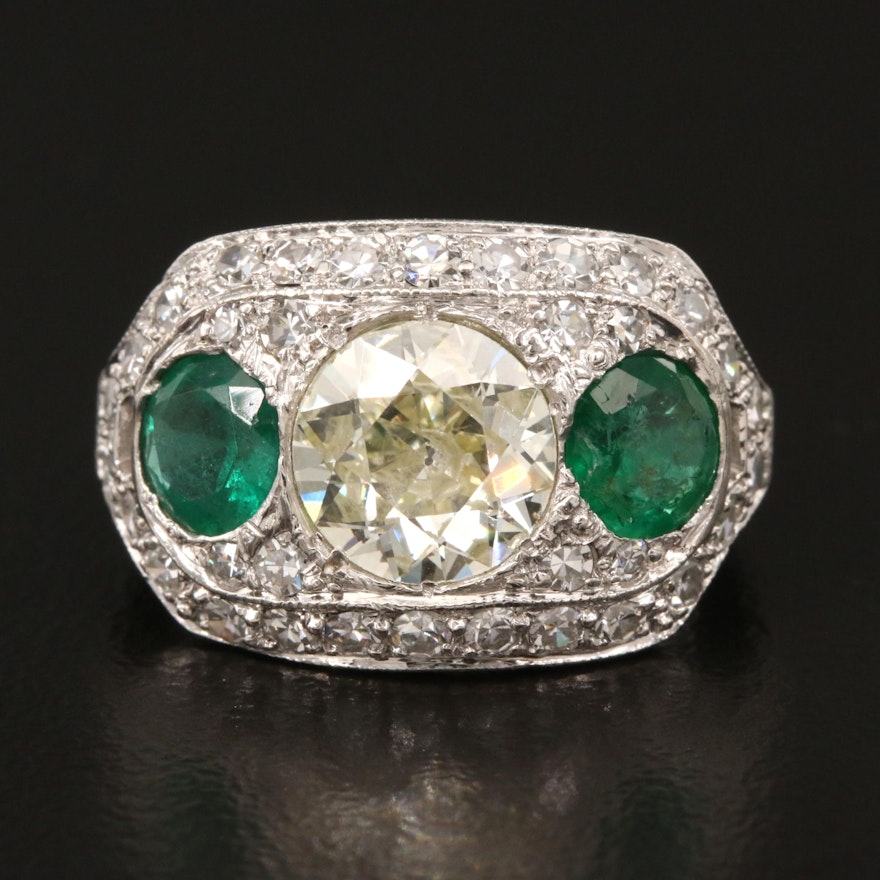 Art Deco Platinum 1.86 CTW Diamond and Emerald Ring