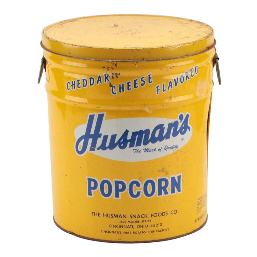 Husman's "Cheddar Cheese Popcorn" Metal Storage Can, circa 1970s