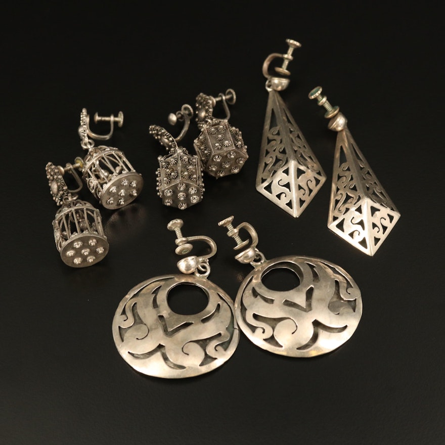 Caged Bird, Lantern and Sterling Openwork Screw Back Earrings