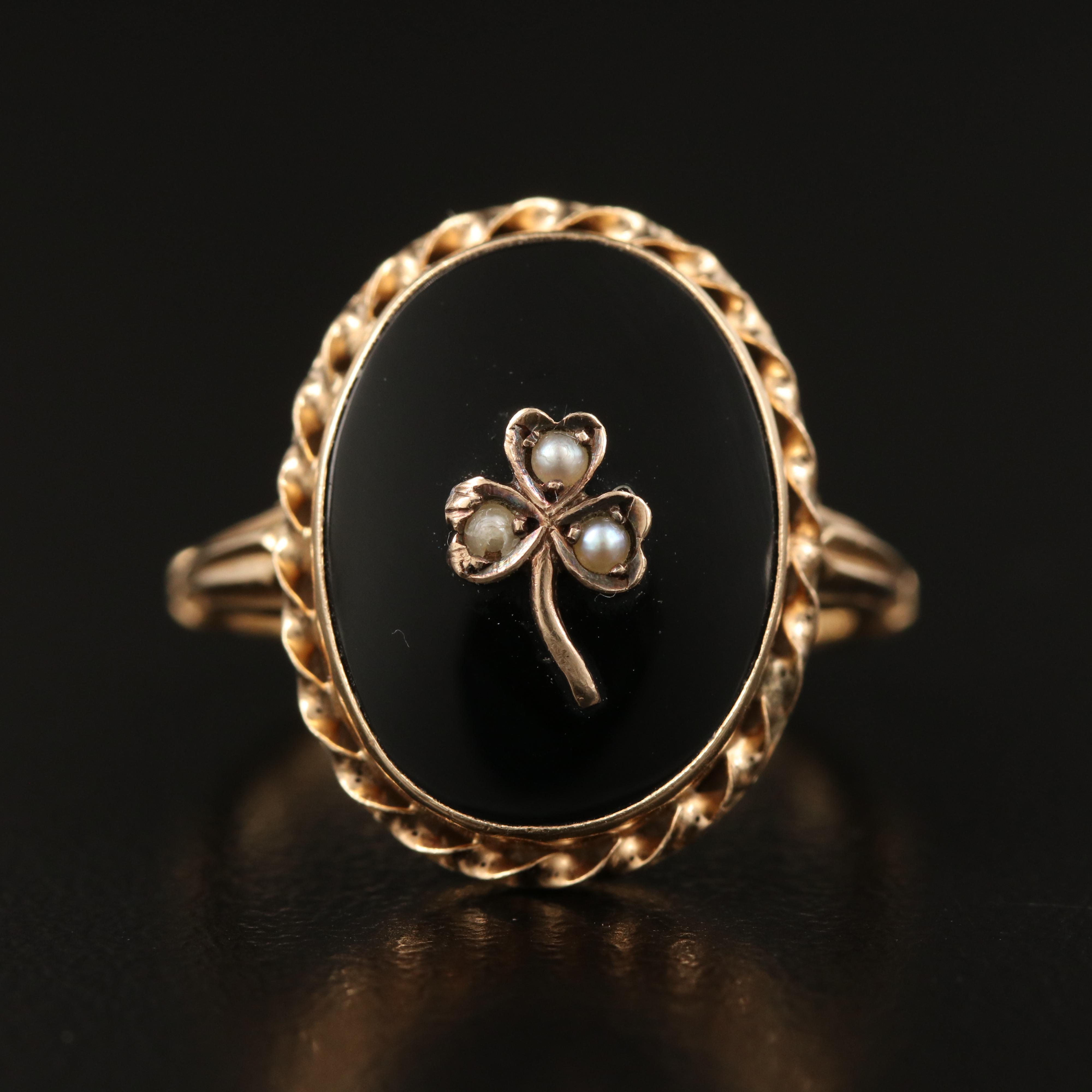 Mid-Victorian 14K Black Onyx and Seed Pearl Shamrock Ring