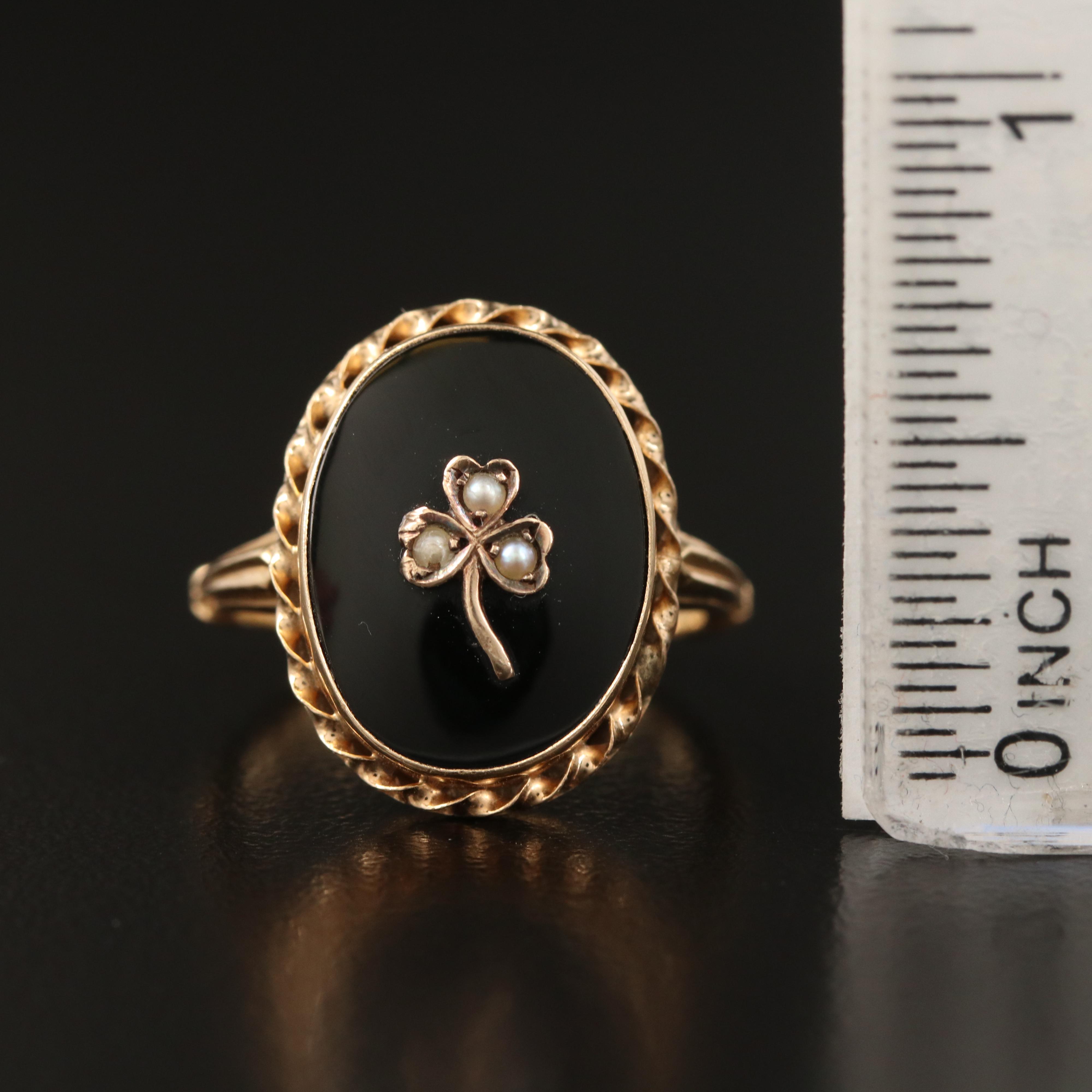 Mid-Victorian 14K Black Onyx and Seed Pearl Shamrock Ring