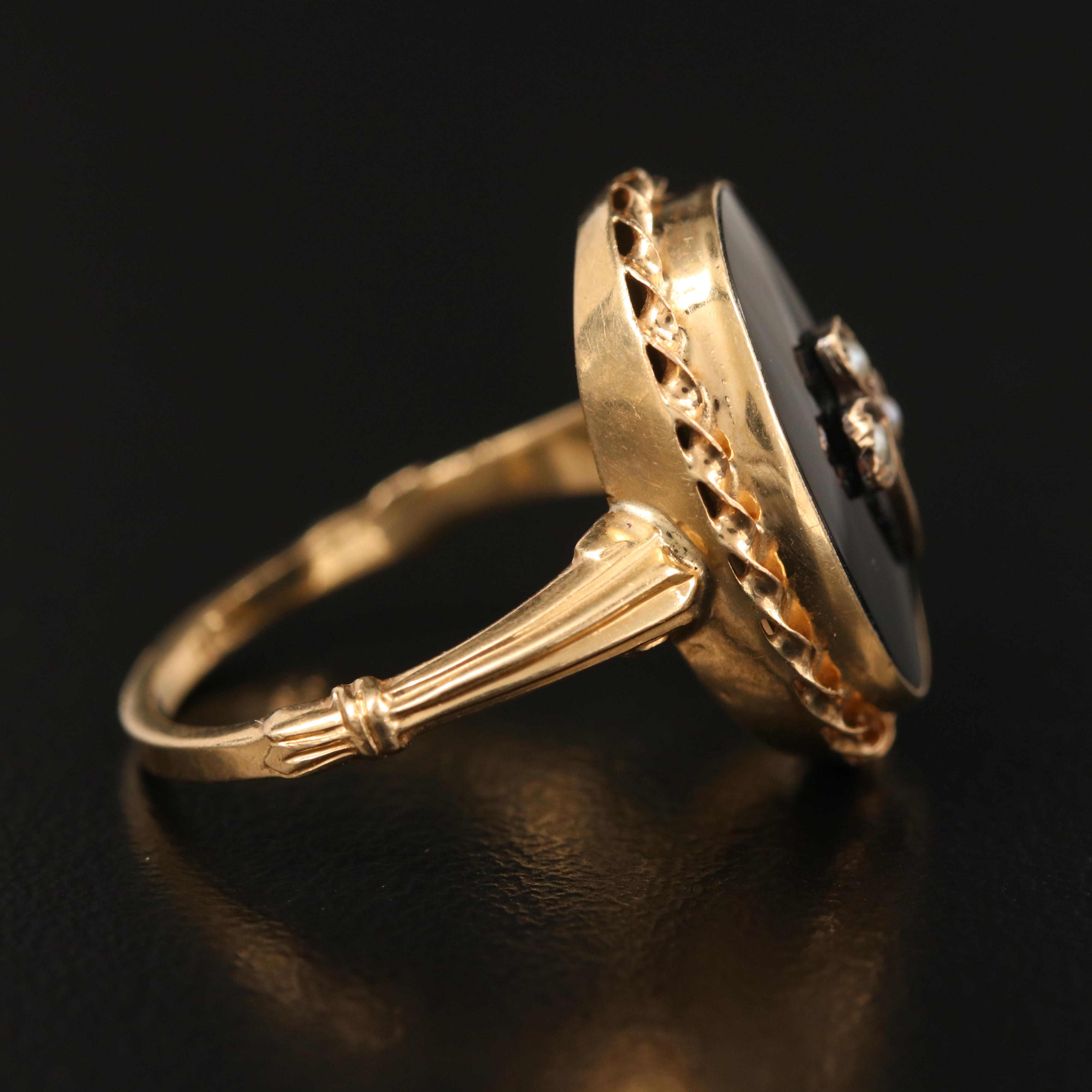 Mid-Victorian 14K Black Onyx and Seed Pearl Shamrock Ring