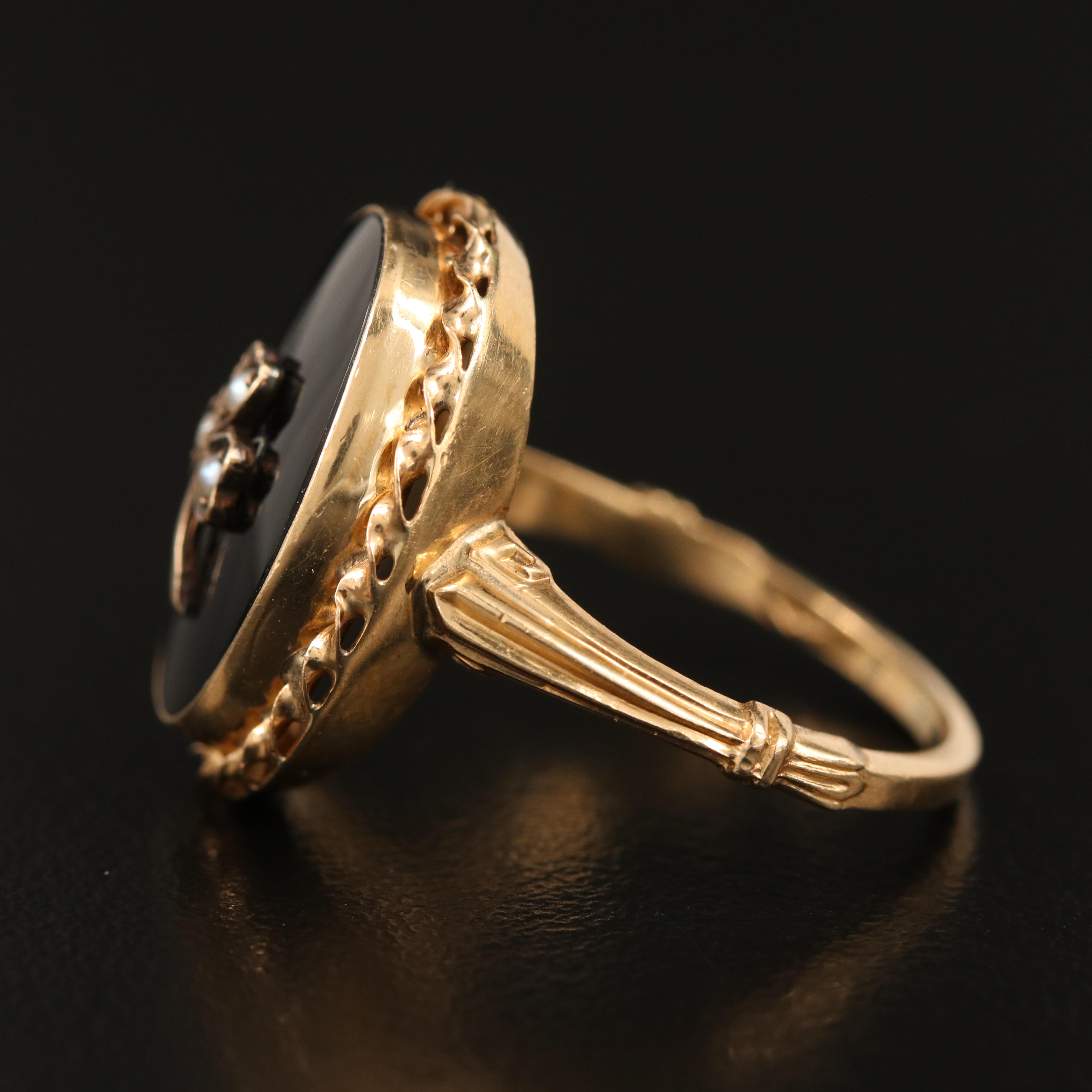 Mid-Victorian 14K Black Onyx and Seed Pearl Shamrock Ring