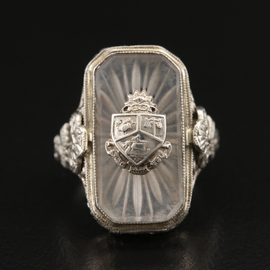 Edwardian 14K Openwork Rock Crystal Quartz Crest Ring