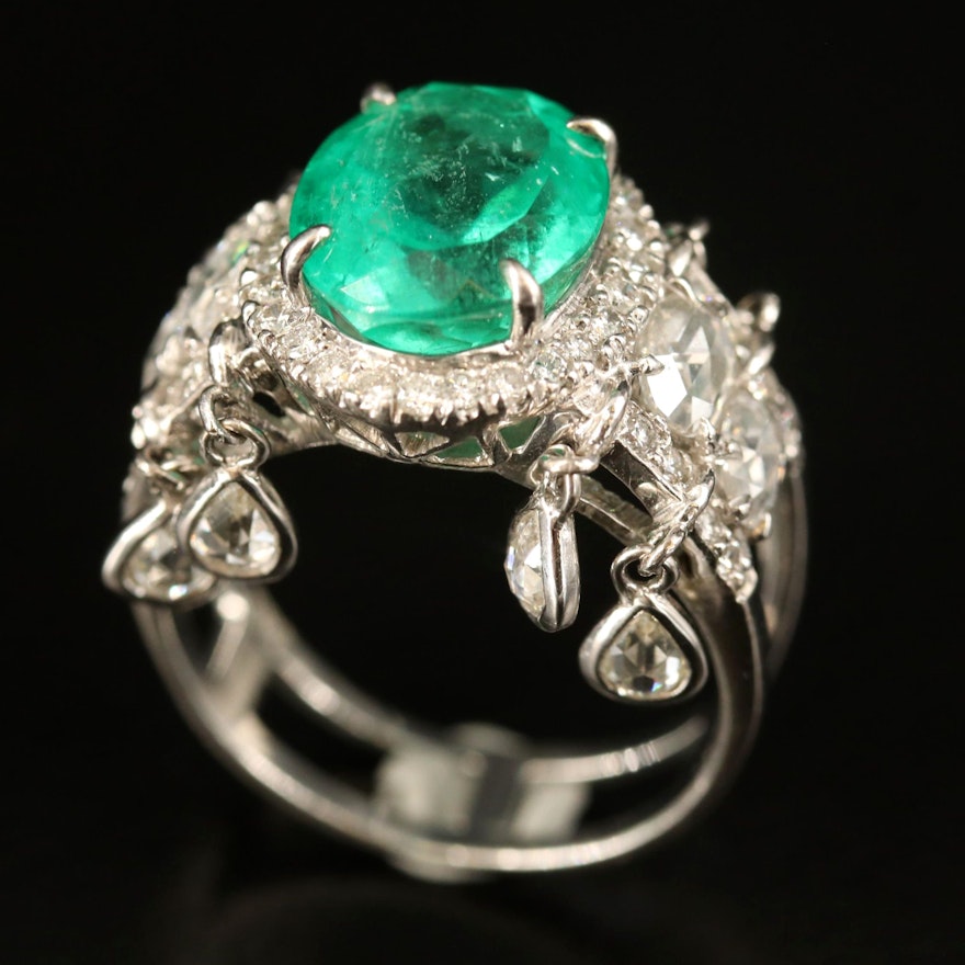 18K 3.96 CT Emerald and Diamond Ring with Diamond Fringe Detail