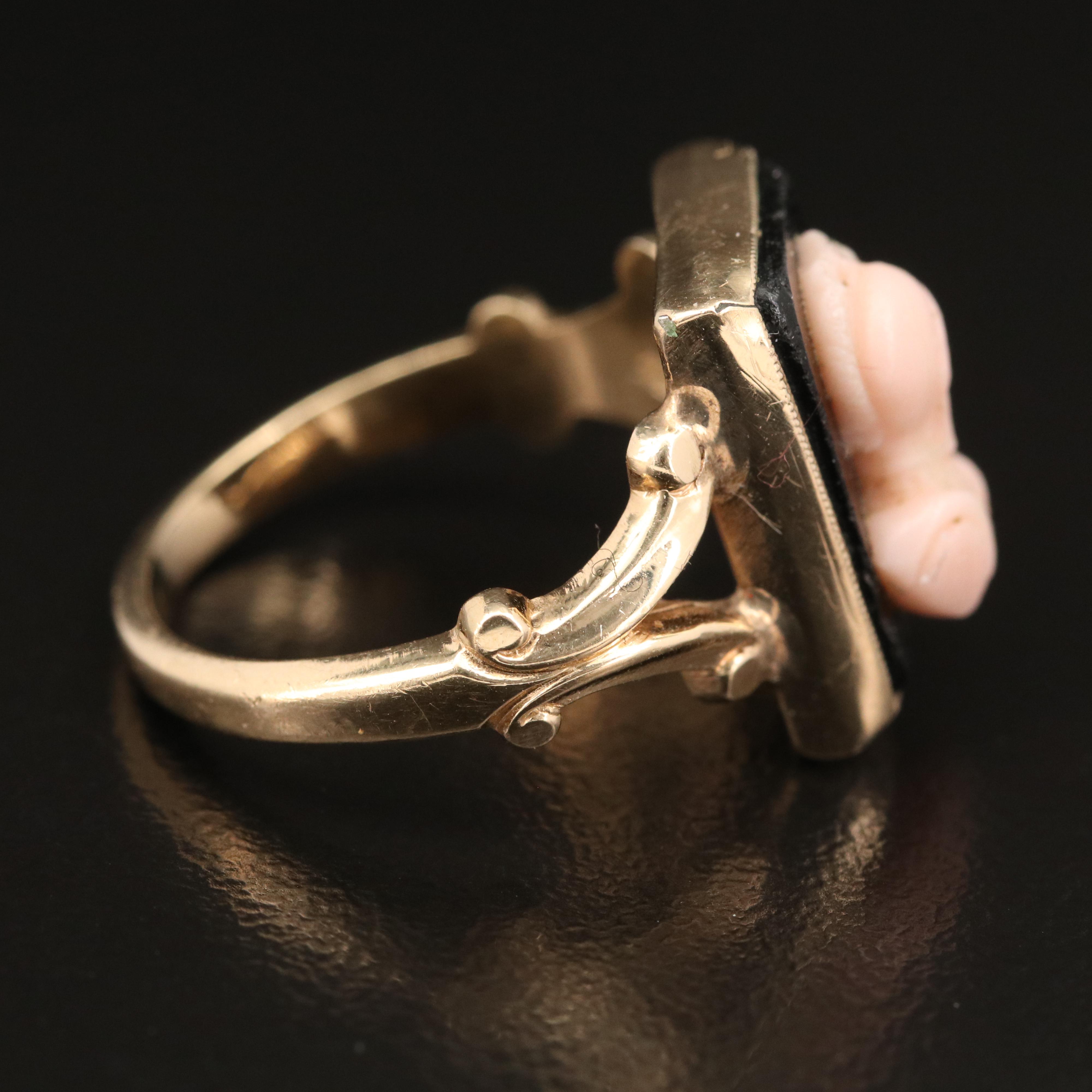 Mid Victorian 14K Coral Cameo Ring with 10K Setting