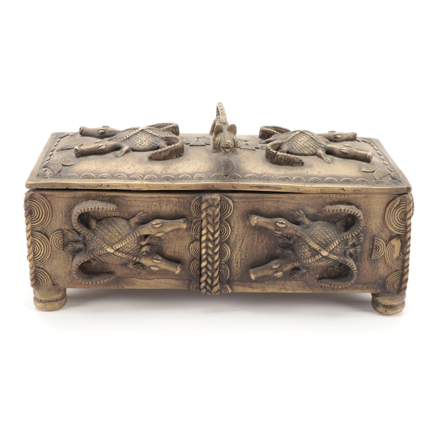 West African Bronze Alloy Box, Gold Weights and Figure