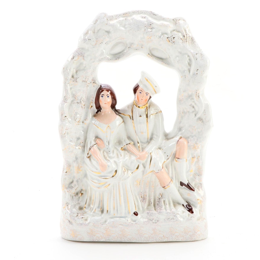 Staffordshire Ceramic Couple Under a Grapevine Flatback,  Late 19th Century