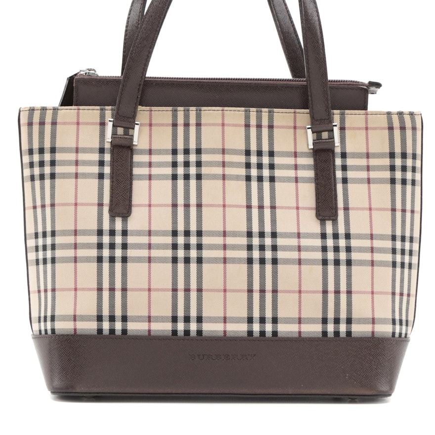 Burberry Handbag in "House Check" Canvas and Brown Saffiano Leather