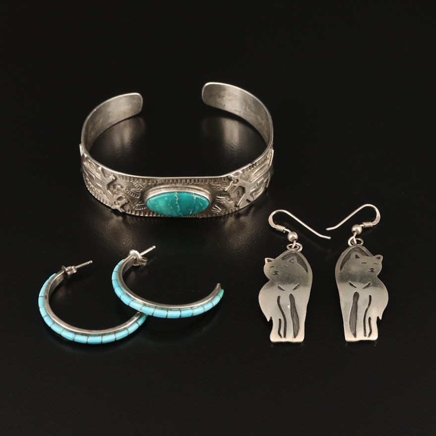 Southwestern Sterling Turquoise Llama Cuff, Wolf and Half Hoop Earrings