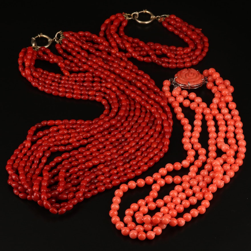 Coral and Glass Necklaces and Bracelet Including Sterling Silver
