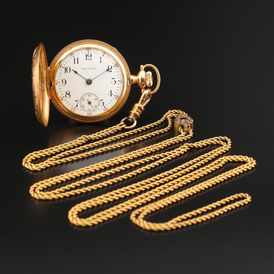 1894 Waltham 14K Pocket Watch with Victorian 14K Sapphire Fob Chain with Slide