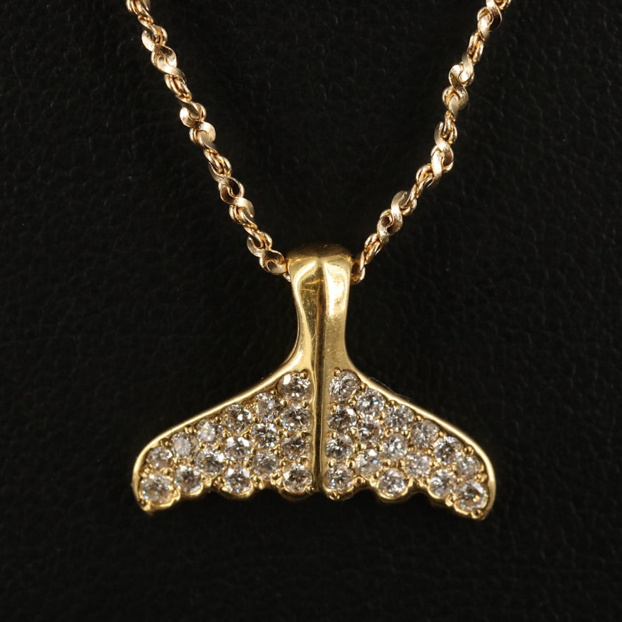 18K Diamond Whale Tale Pendant on 14K Twisted Serpentine Chain Necklace