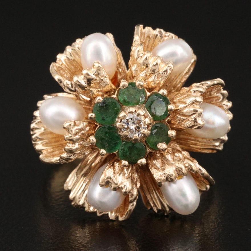 Vintage 14K Emerald, Pearl and Diamond Flower Ring