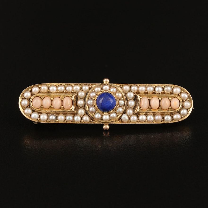 Victorian 14K Lapis Lazuli, Coral and Seed Pearl Bar Pin