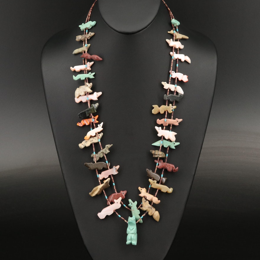 Jasper, Coral and Spiny Oyster Double Strand Fetish Necklace