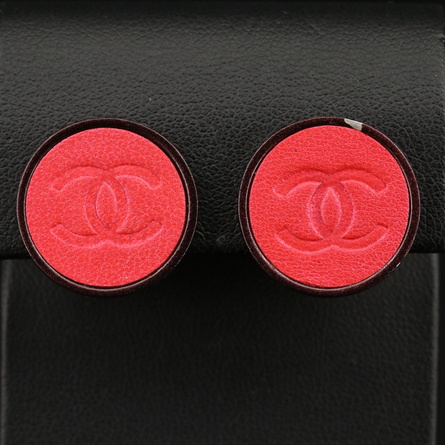 Fall 2000 Chanel Logo Embossed Leather Button Earrings