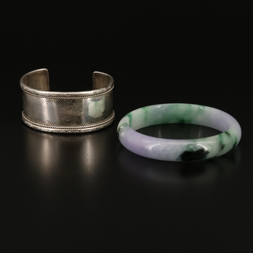 Sterling Stampwork Cuff with Jadeite Bangle