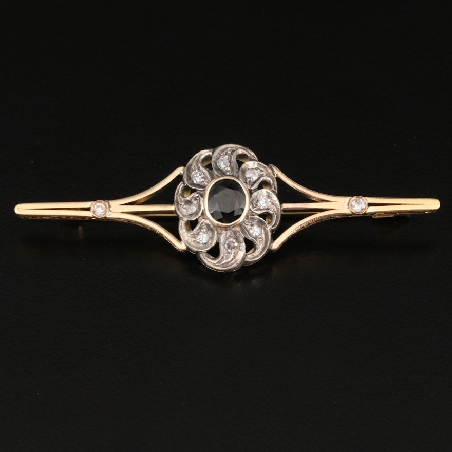 Edwardian 18K Sapphire and Diamond Brooch with 800 Silver and 14K Accent