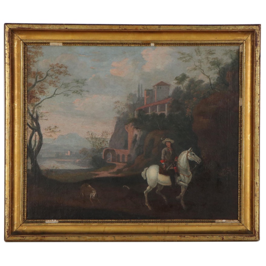 Continental School Landscape Oil Painting of Horseback Rider, Late 19th Century