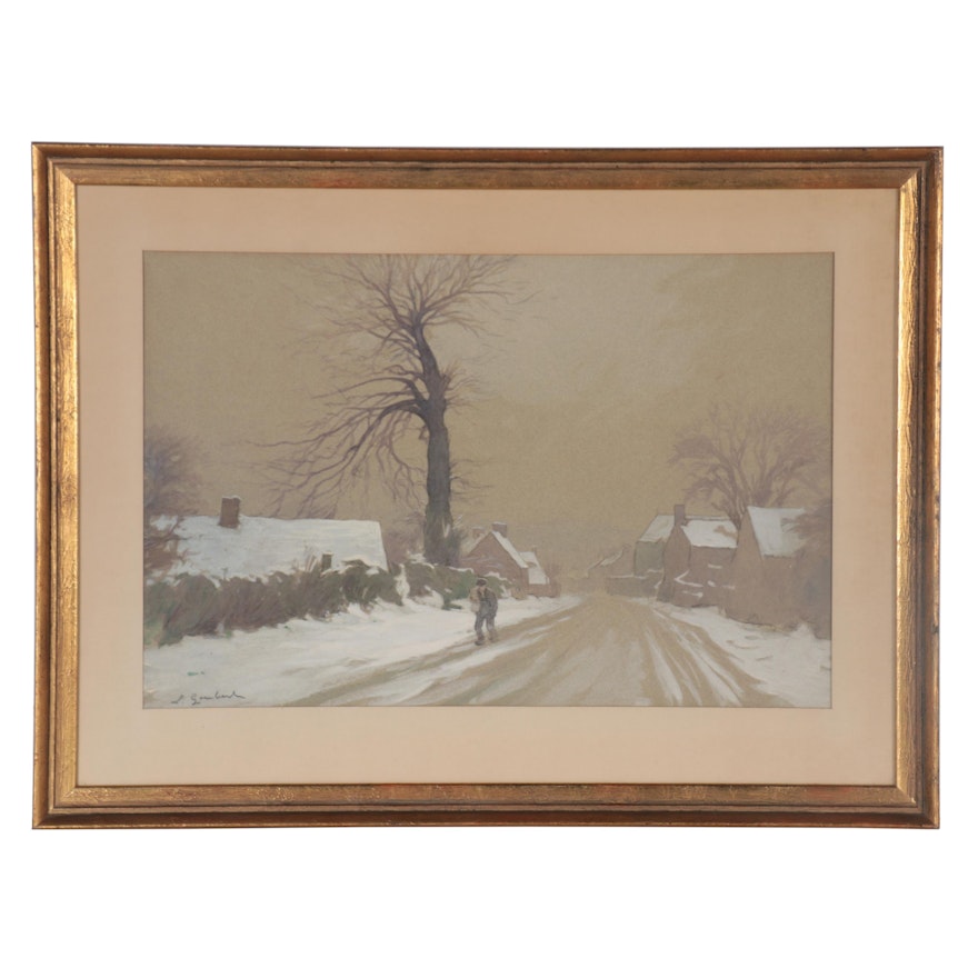 Lucien Georges Goubert Winter Streetscape Gouache Painting, Mid-20th Century