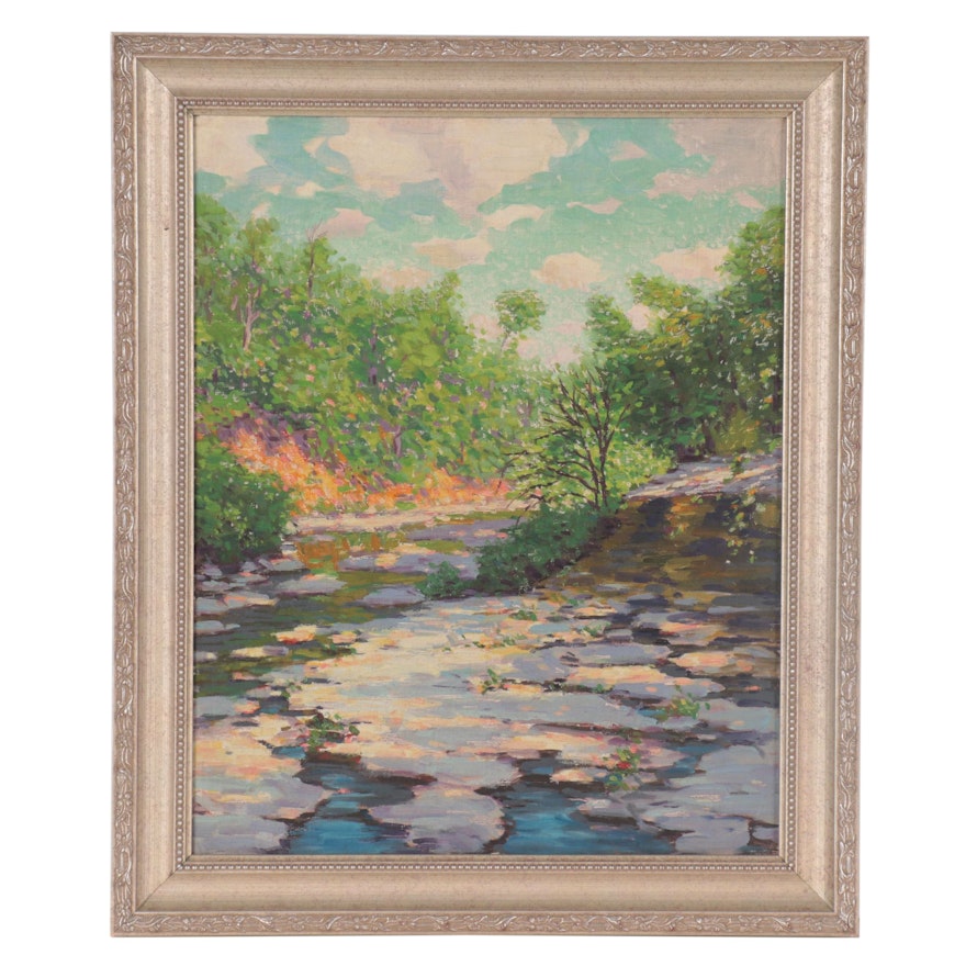 Riverbed Landscape Oil Painting, Mid-20th Century