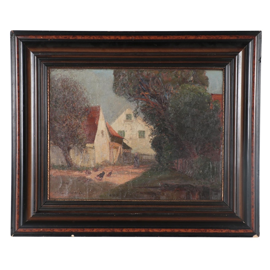 Moritz Unterwalder Oil Painting of Backyard with Chickens, Late 19th Century