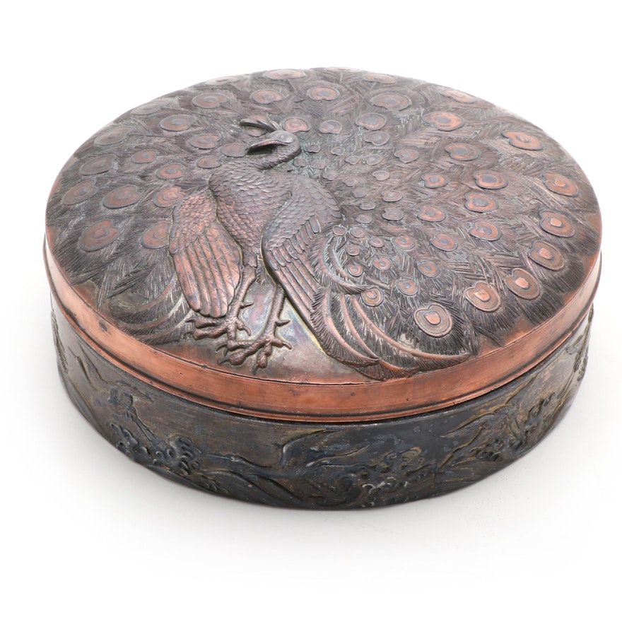 Japanese Chased Copper Peacock Box, Early to Mid 20th Century