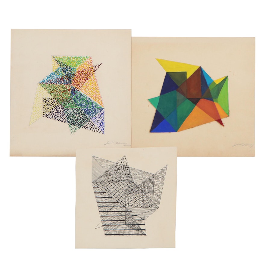 Abstract Mixed Media Drawings, Late 20th Century