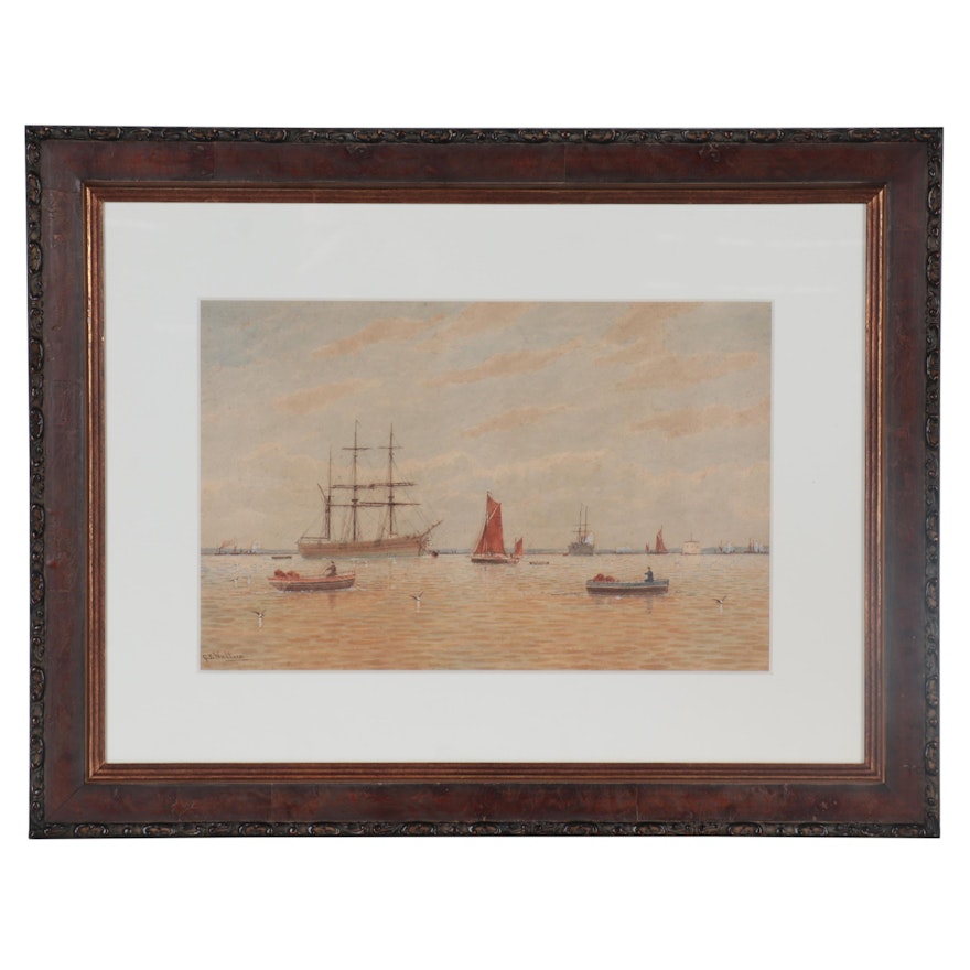 George Stanfield Walters Watercolor Painting of Ships at Harbor