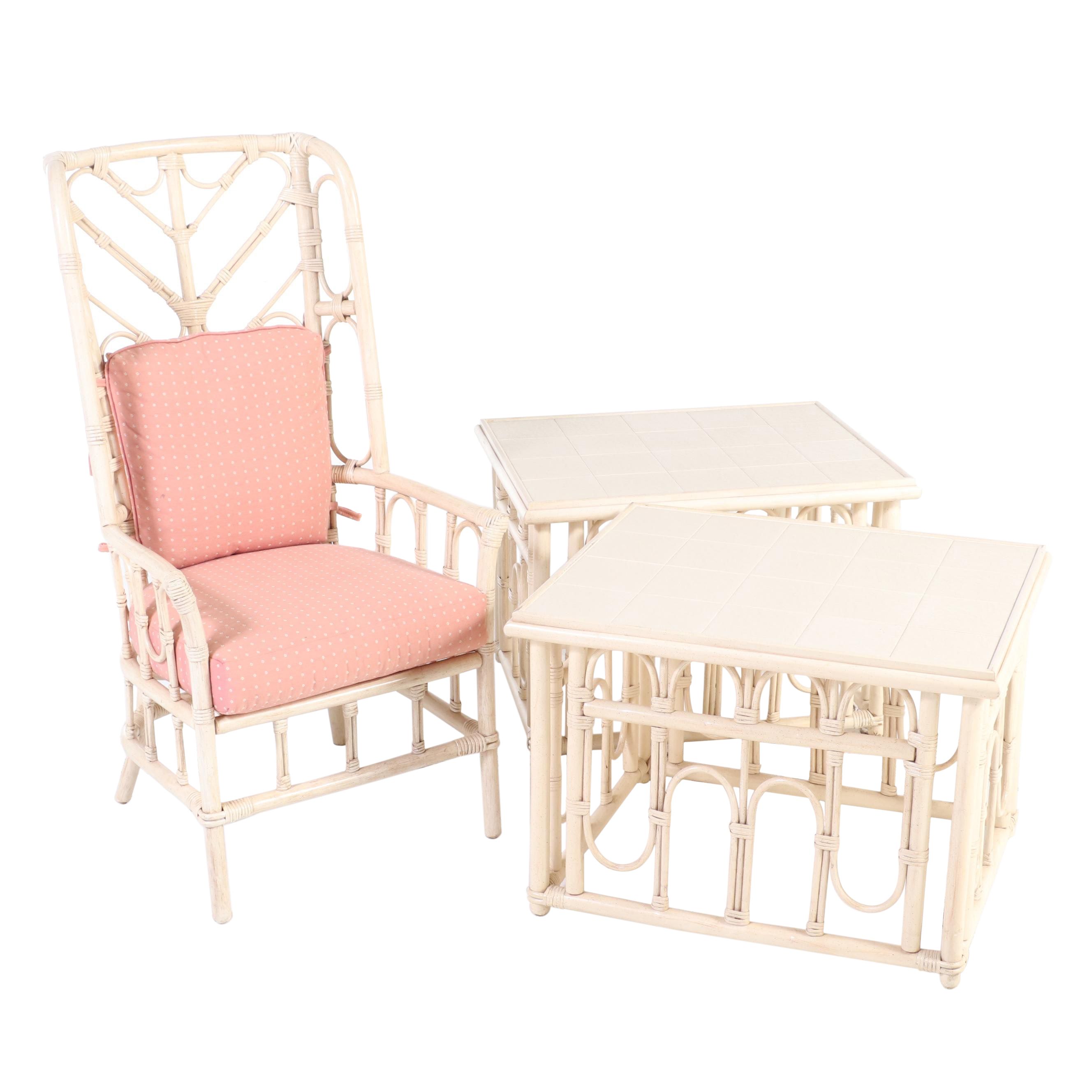 Ficks Reed Rattan Painted Faux Bamboo Patio Chair with Tile Top Tables