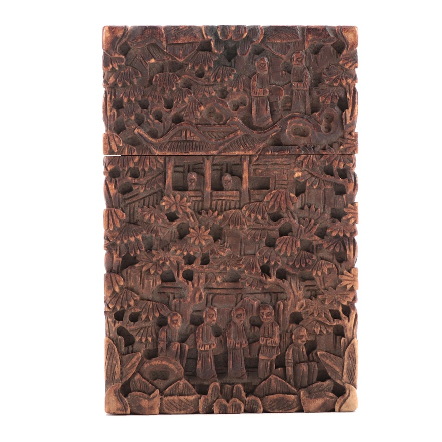 Chinese Canton Hand-Carved Wood Card Case, Early to Mid-20th Century